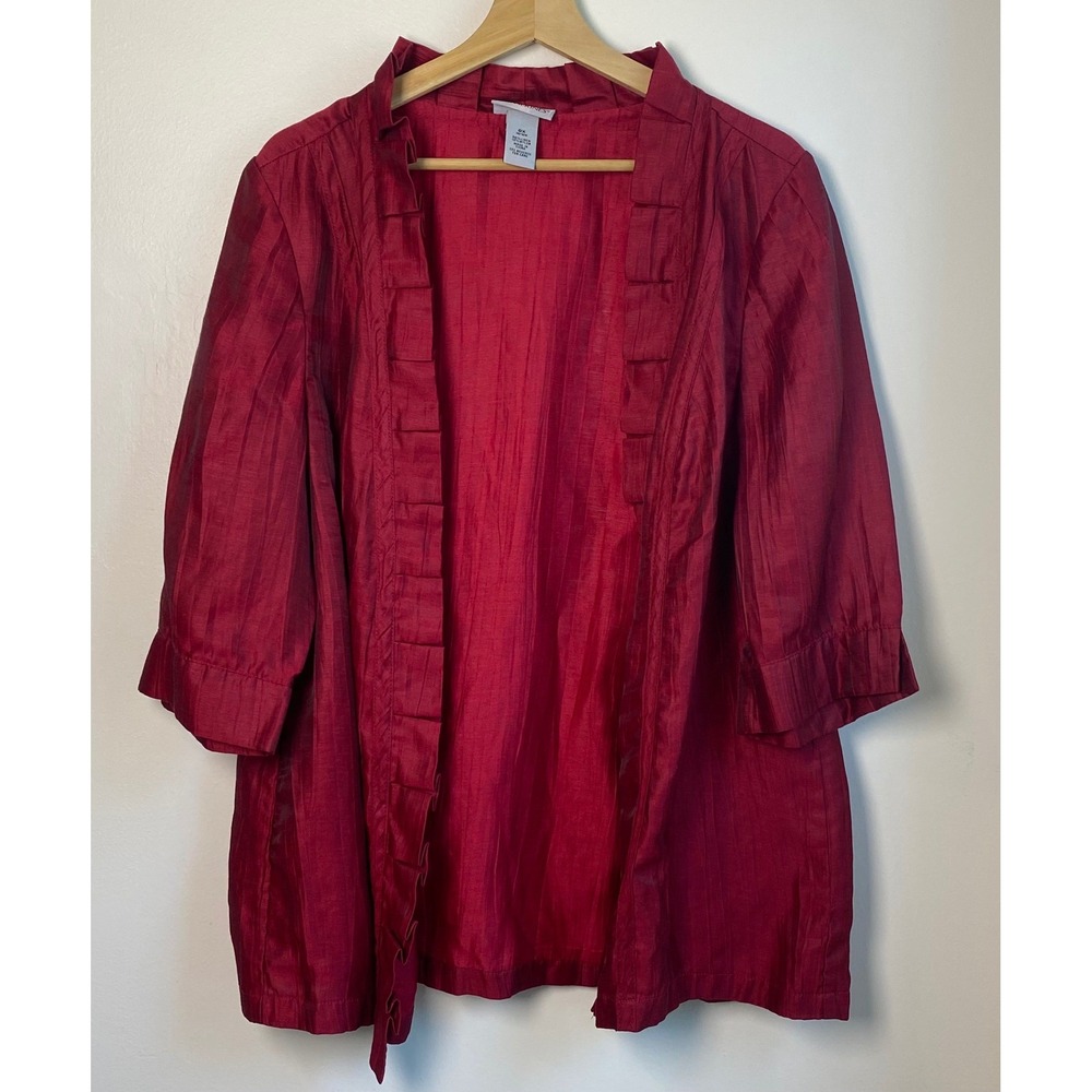 Catherines Linen Blend Ruffle Cardigan Womens 0X Red Open Front 3/4 Sleeve Shrug